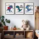 3Pcs Cartoon Dinosaur Wall Art Trio Set Music Sports Rock Themes Playful Canvas Prints Vibrant Color Posters Starry Gray Background Pictures Paintings for Kids Room Wall Decor Nursery Decoration Unframed