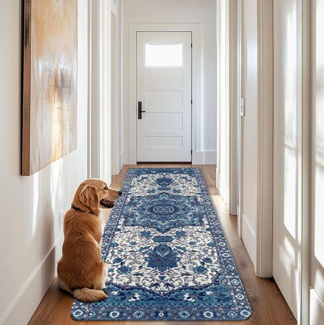 PUPIBOO Washable Pee Pads for Dogs & Cats - Super Absorbent Reusable Puppy Training Pads - 100% Waterproof, Leak-Proof, Non-Slip Pet Pads for Housebreaking, Whelping & Indoor Floor Protection (Runner 24 x 72 Inch (Pack of 2), Blue Medallion)