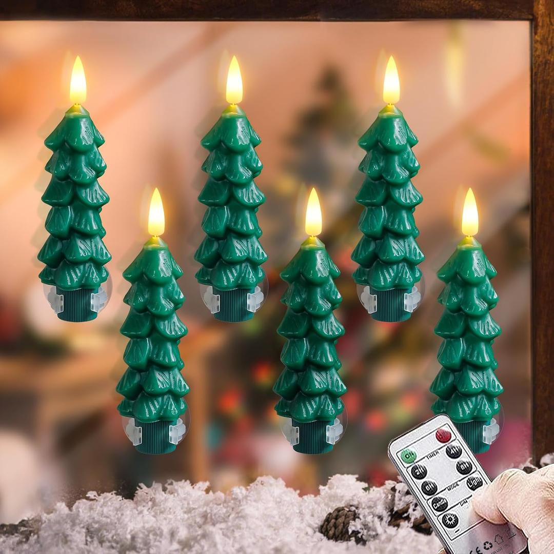 Yeelida Flameless Wax 0.78" x5" Flickering Short Green Tree Shaped Taper Candles with Remote and Timer, LED Window Battery Operated Pack of 6 Candlesticks for Festive Decorations