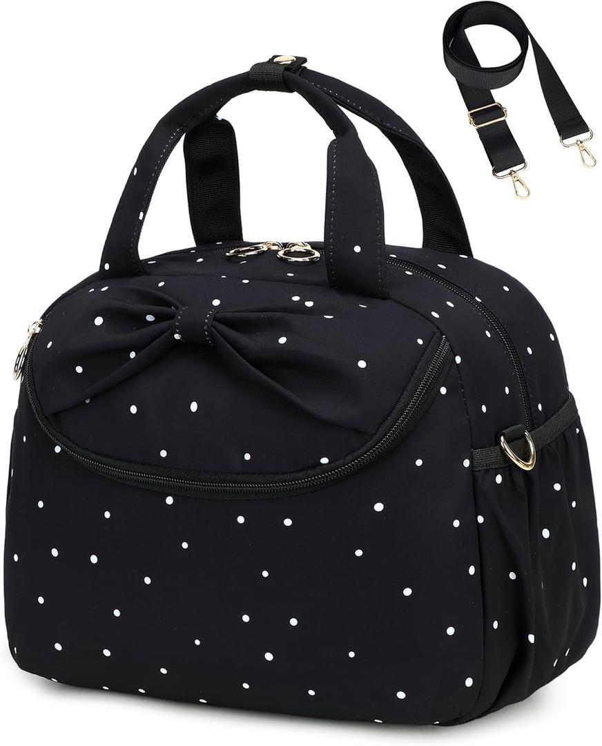 Bluboon Lunch Box for Women, Large Insulated Lunch Bag with Shoulder Strap, Adult Lunch Tote Teacher Nurse, Bow Lunch Cooler Gifts for Work Picnic Travel, Black (Black White Dots)