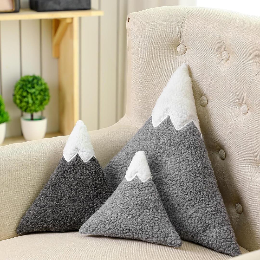 Shellwei 3 Pcs Mountain Shaped Decorative Pillow Sherpa Cute Nursery Playroom Pillow Grey and White Nursery Accessories Kawaii Decorative Gift Toy for Girls Boy Kids