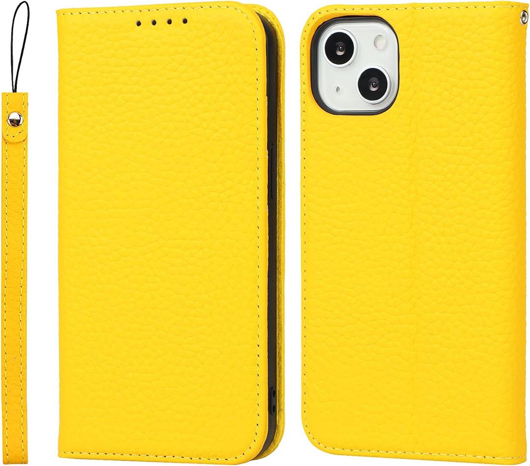 iCoverCase Compatible with iPhone 13 Wallet Case with Credit Card Holder and Wrist Strap, RFID Blocking Genuine Leather Flip Magnetic Phone Cover 6.1 Inch (Yellow)