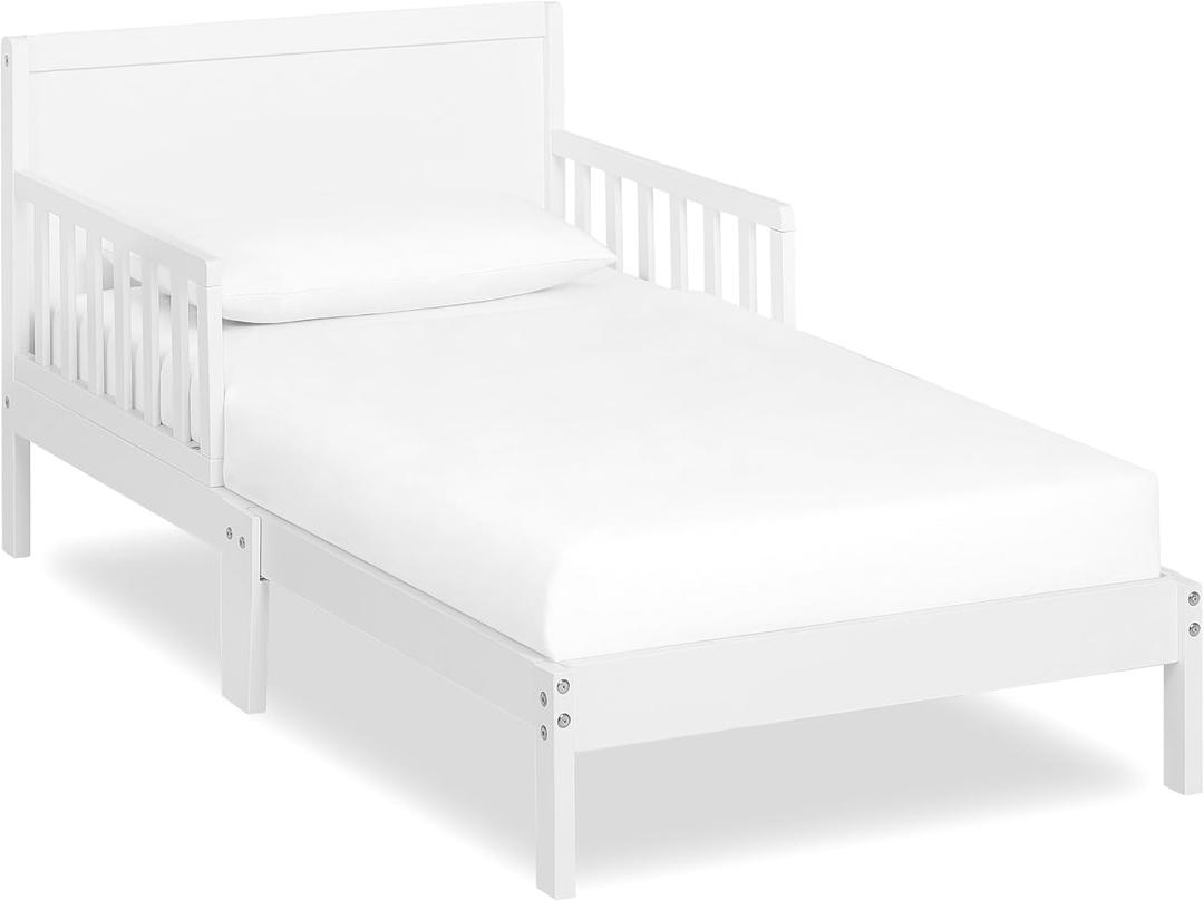 Dream On Me Brookside Toddler Bed, Low Floor Wooden Bed, Side Safety Bed Rails, GREENGUARD Gold & BSA Certified, Non-Toxic Paint Finish, New Zealand Pinewood, Up to 50 lbs - White, 53lx29bx28h inches