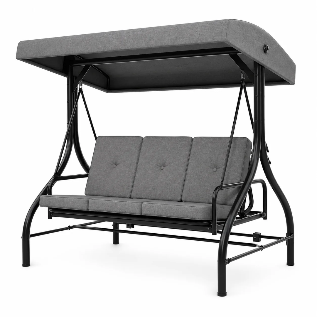 Garvee 3-Seat Outdoor Porch Swing with Adjustable Canopy, 800 lb Heavy-Duty Steel Frame, 180° Reclining Patio Swing Bed with Cushions, Pillows & Cup Trays, Gray