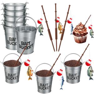 Soulchen 18 Pcs Mini Fishing Birthday Party Decorations Includs 6 Fish Cupcake Pole Picks 6 Mini Tackle Bait Basket 6 Bobber for Gone Fishing Theme Supplies Ocean Party Cake Decor