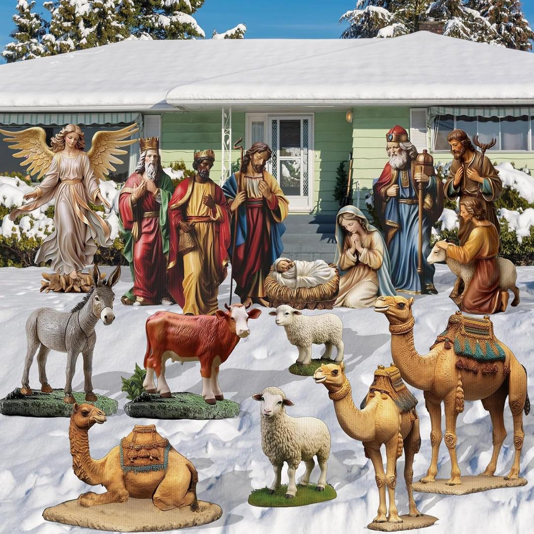 Kigley 15 Pcs Christmas Outdoor Nativity Set Large Outdoor Yard Signs 4 ft Holy Family Outdoor Decorations Nativity Lawn Signs Nativity Holiday Yard Display for Xmas Outdoor Home Decorations