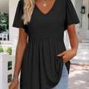 Womens Summer Tops Babydoll Short Sleeve Shirts Puff Sleeve Peplum Tops V Neck T Shirts (3X-Large, Black)
