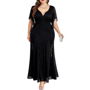 TIARALY Plus Size Wedding Guest Dress Chiffon Lace Evening Gown with Handkerchief Sleeves Cocktail Party Maxi Dress, Black, 1X