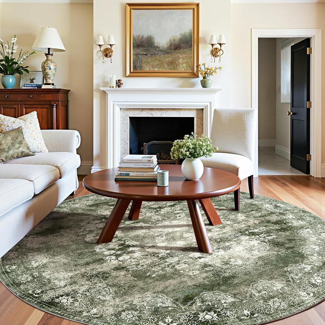 jinchan Round Rug 8ft Area Rug - Green Vintage Floor Mat Kitchen Indoor - Washable Circle 8' Thin Floral Print Carpet Retro Farmhouse Non Slip Dining Room Living Room Bedroom Office (8' x 8' (Round Buttery Soft), Fairyland Forest Green)