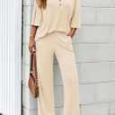 PRETTYGARDEN 2 Piece Lounge Sets for Women Summer 2025 Short Sleeve Tops Wide Leg Pants Matching Travel Outfits Clothing (Beige,X-Small) 