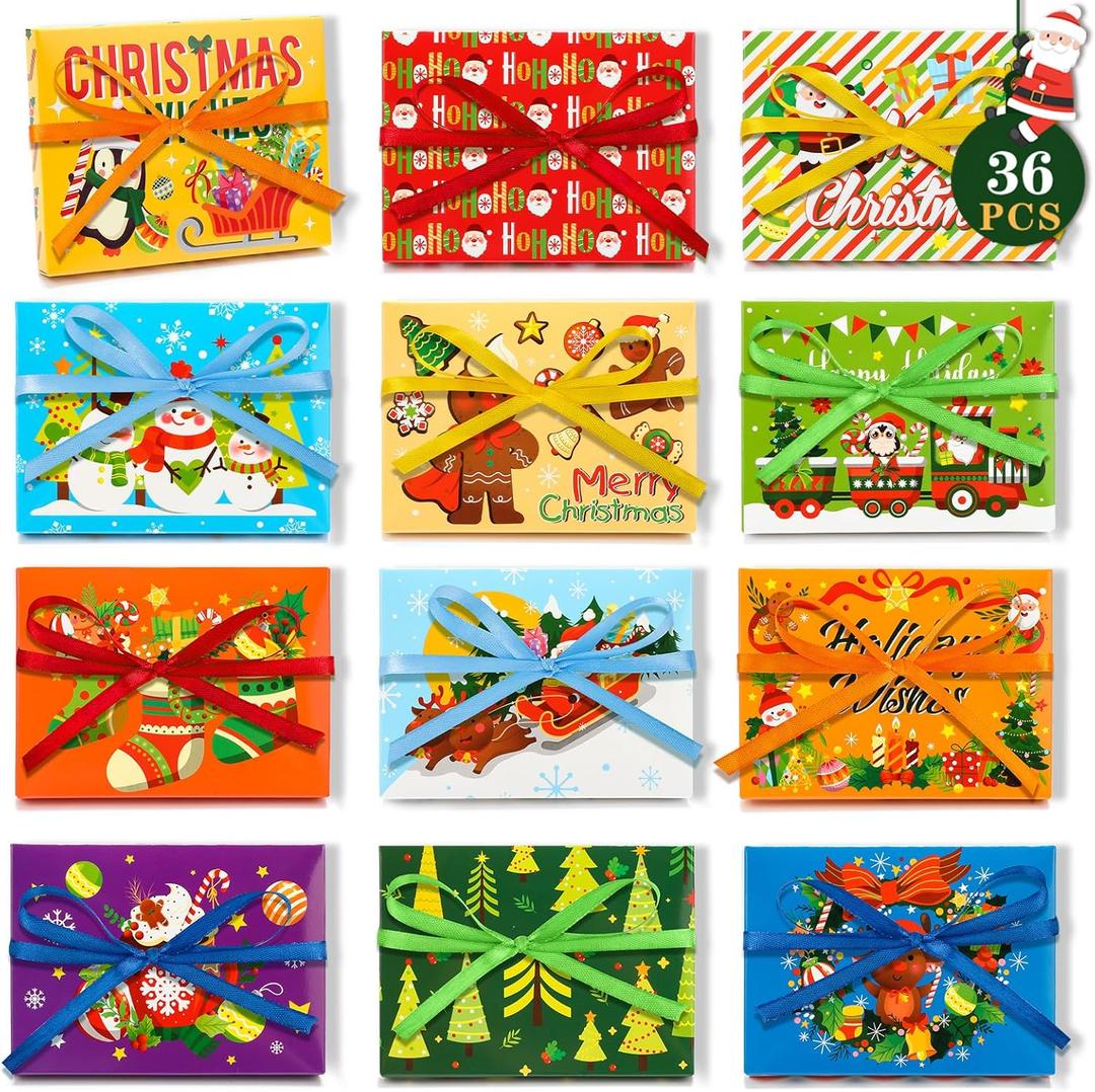 Qpout 36 PCS Christmas Gift Card Holder Boxes with Ribbon,Colorful Paper Decorative Present Wrapping Envelope Gift Card Boxes for Christmas Holiday Gift Decor