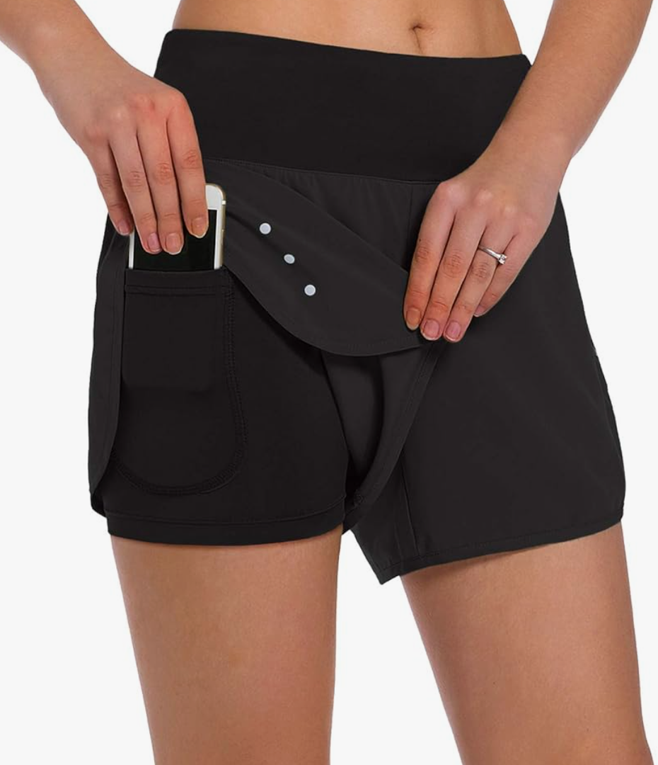 Ksmien Women's 2 in 1 Running Shorts - Lightweight Athletic Workout Gym Yoga Shorts Liner with Phone Pockets, Large