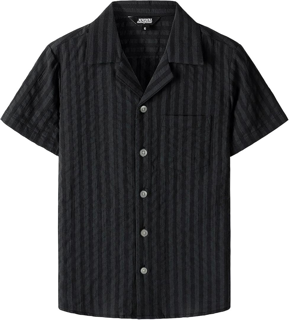 JOGAL Big Boys Cuban Collar Button Down Shirt Short Sleeve Casual Hawaiian Shirt Summer Beach Striped Tops for 6-14 Years Old (11-12 Years, Black)