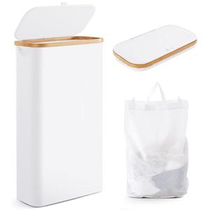 Slim Laundry Hamper with Lid by Fiona's magic, 63L Narrow Laundry Basket with Removable Bag, White Collapsible Dirty Clothes Basket, Thin Tall Storage Basket for Bathroom, Bedroom