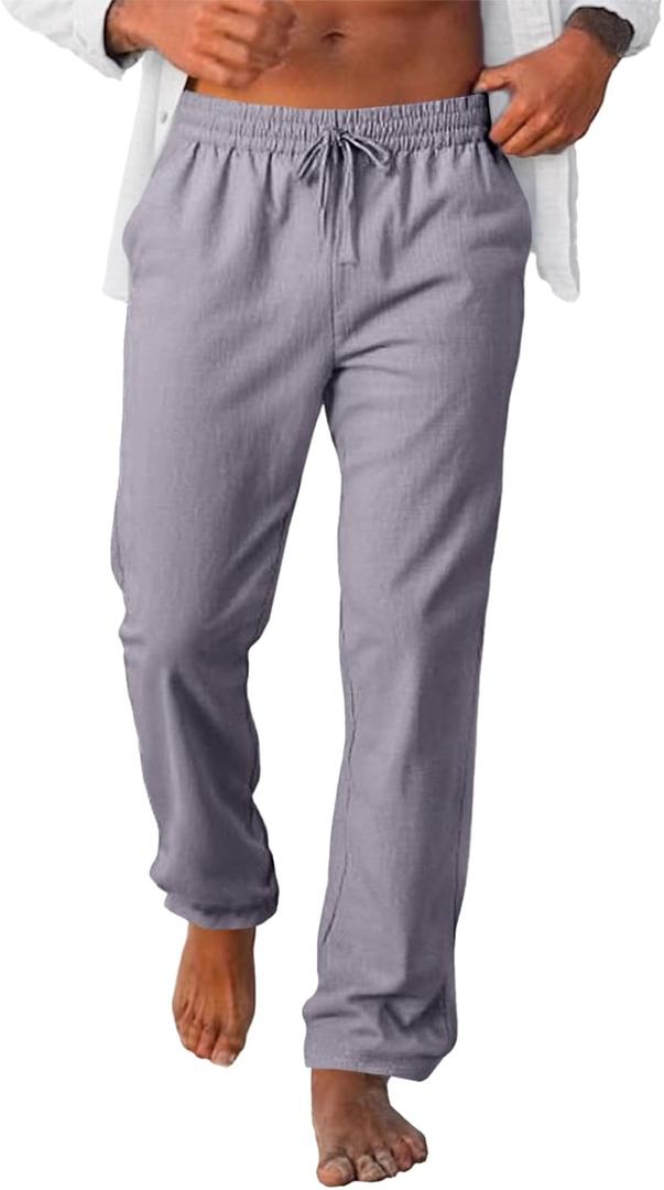 Runcati Mens Casual Pants Drawstring Elastic Waist Lightweight Linen Pants Loose Fit Straight Legs Beach Trousers (L)