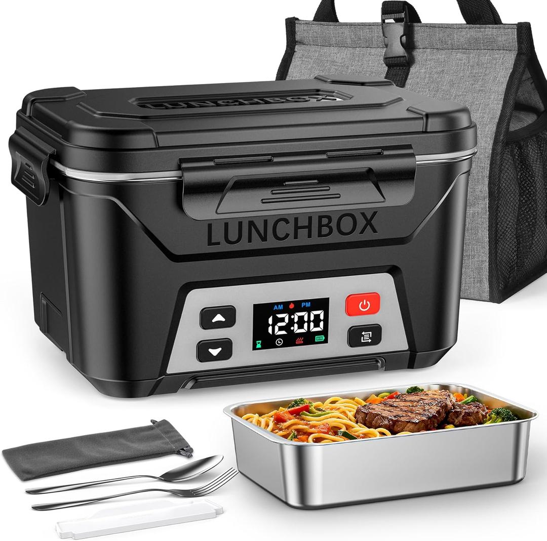 EAST OAK Rechargeable Self-Heating Lunch Box, 5.5 Cups Cordless Electric Lunch Box with Automatic Heating, Includes Fork, Spoon & Insulated Bag(Matte Black) (1.3L)