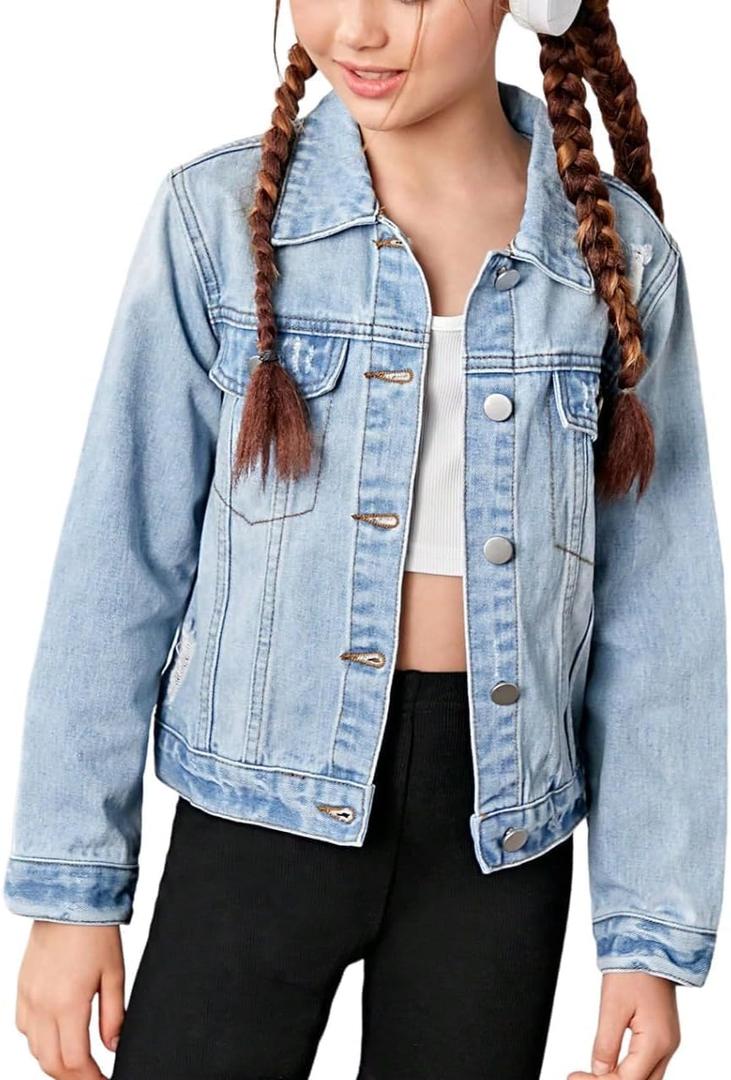 WDIRARA Girl's Ripped Flap Pocket Button Front Long Sleeve Collared Denim Jacket M/L