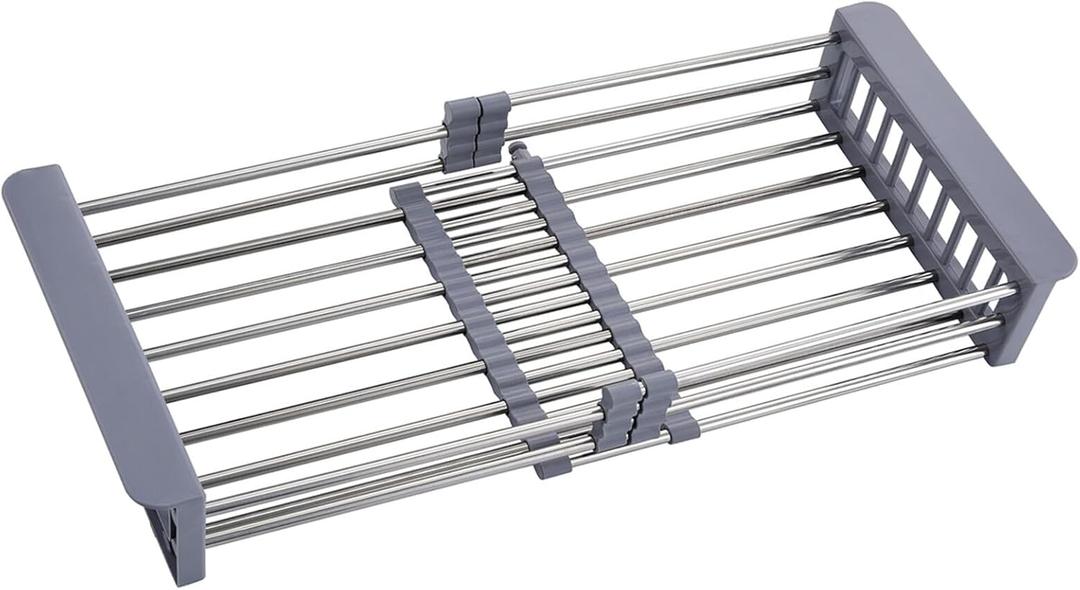 Sink Dish Drying Rack, Stainless Steel Drainer for 12.5"-20.5" Sinks, Kitchen Countertop Organizer for Dishes, Vegetables, and Fruits (Grey & Large Size) (Gray)