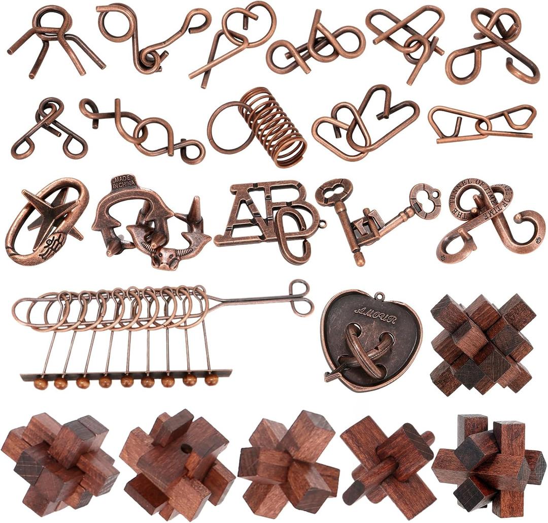 24 Pcs Brain Teaser Puzzles for Adults - Metal Puzzles 3D Puzzle Game Toys for Adults Teens - Wooden Unlock Interlocking Puzzle Adult IQ Education Smart Toys