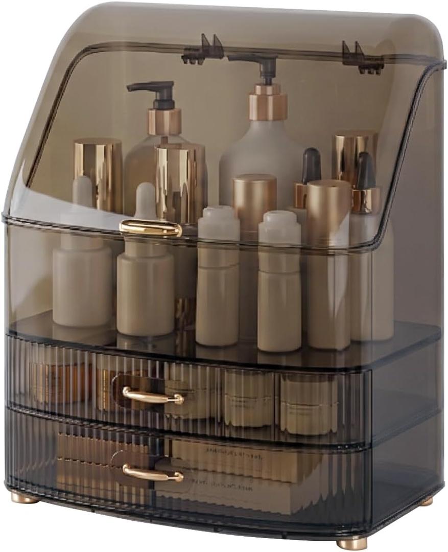 Plukers Makeup Organizer Countertop Vanity with Transparent Lid Drawers Waterproof Dustproof Cosmetic Skincare Bathroom Storage Gift for Women Teens Girls (Clear Black)