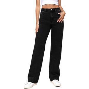 Women's Straight Leg Jeans Tummy Control Trendy High Waisted Stretchy Casual Denim Pants Baggy Trousers (Black, S)