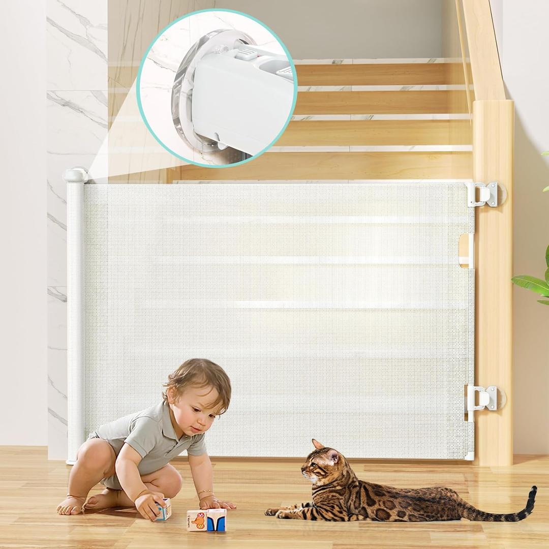 No Drilling Retractable Baby Gates for Stairs with Auto-Lock, 33" x 55" Mesh Baby Dog Pet Cat Gate with Double Locking for Doorways, Durable Child Safety Gate for Hallways Kitchen Indoor Outdoor White