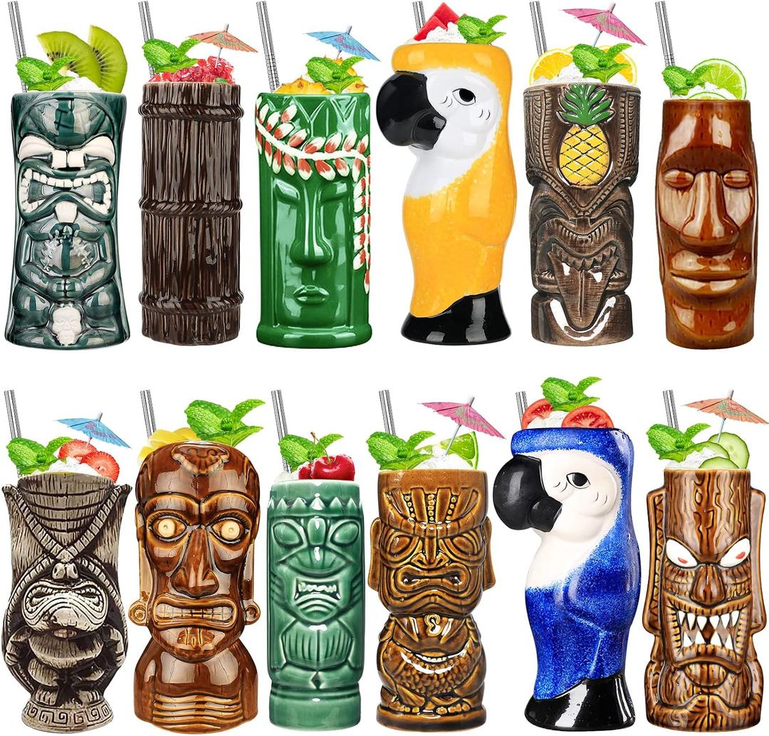 Tiki Mugs Cocktail Set of 12 - Ceramic Tiki Hawaiian Party Cups, Cute Exotic Cocktail Glasses Hawaiian, Bar Professional Hawaiian and Halloween Christmas Party Barware (12PCS), Small