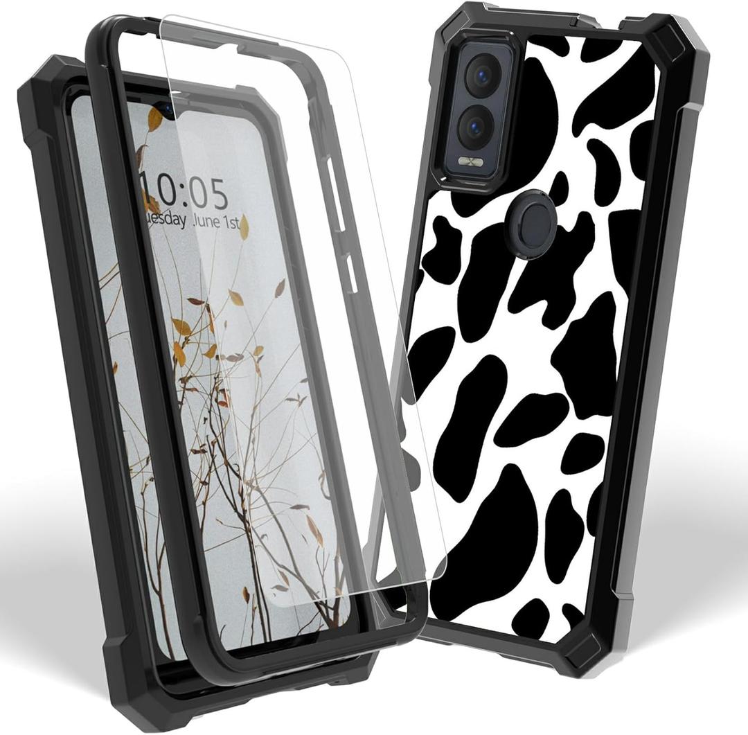 for Cricket Magic 5G Case with Screen Protector, Heavy Duty Dual Layer Hard PC & Silicone Shockproof Protective Phone Cover for Cricket Magic 5G/AT&T Propel 5G, Cow Print