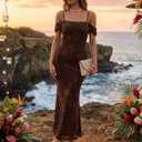 MEROKEETY Women's 2026 Summer Off The Shoulder Spaghetti Strap Floral Mesh Wedding Guest Cocktail Formal Party Maxi Dresses (Brown, M)