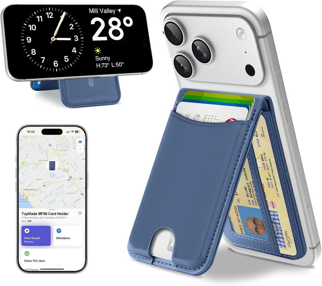 TopMade for MagSafe Wallet, Works with Apple Find My, Strongest Magnetic Wallet with Stand, 6 Card Holder, RFID Blocking, Magnetic Card Holder for iPhone 17/16/15/14/13/12 Series, Rechargeable, Blue