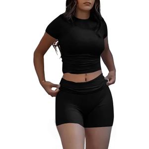 AYWA Women's Two Piece Sets Summer Slim Fitted Short Sleeve Tops Foldover Shorts Matching Lounge Sets M