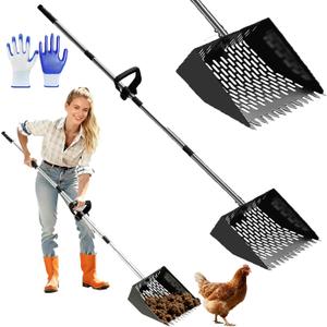 2-in-1 Chicken Poop Scooper & Rake - 10-Inch Large Stainless Steel Shovel Head, Adjustable Handle (37-65in) with Sifting, Ergonomic Grip for Chicken Coop, Animal Farm & Pet Waste Removal