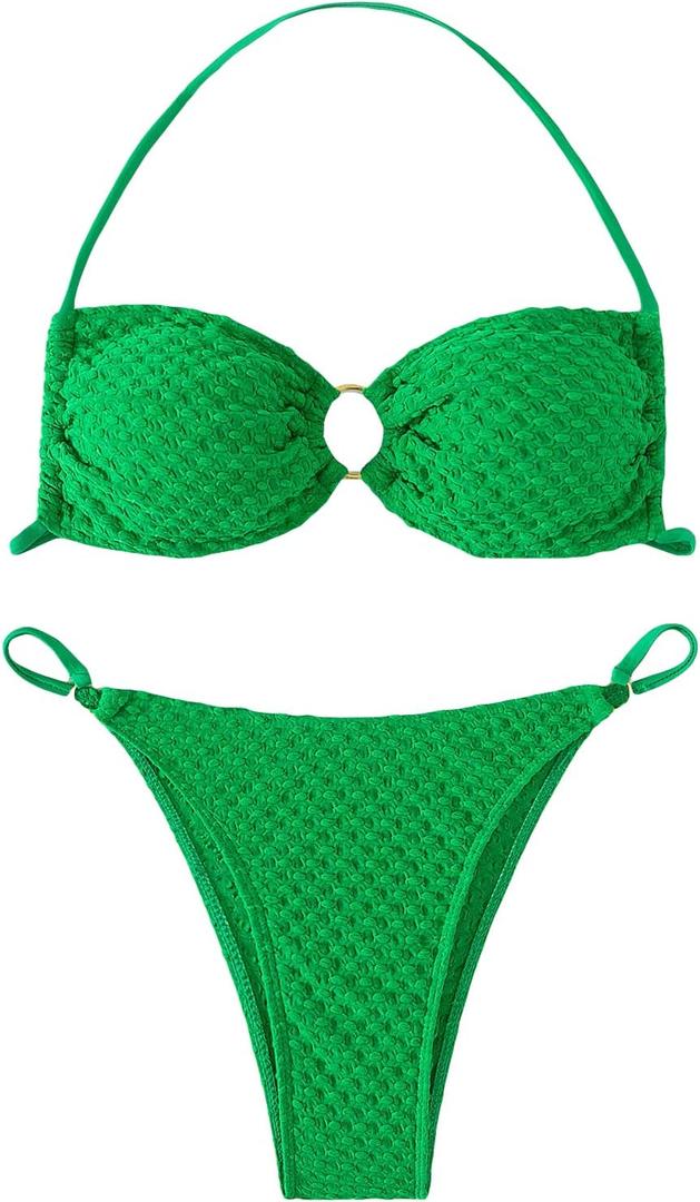 WDIRARA Women's Ruched Ring Halter Bikini Swimsuit Two Piece Tie Back Bathing Suits (Green, S)