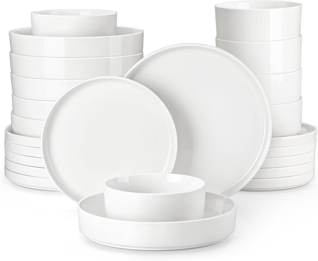 MALACASA 24 Pieces Porcelain Dinnerware Set, Modern White Dish Set for 6, Premium Serving Plates and Bowls Sets, Chip and Scratch Resistant Dishware Sets Kitchen Dishes Dining Ware Set, Series LEAH,  Ivory White, 24 Piece (Service for 6)