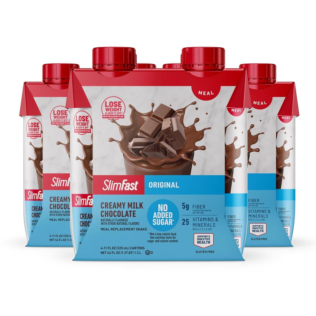 SlimFast Meal Replacement Shake, Original Creamy Milk Chocolate, No Added Sugar, Meal Replacement Shakes, 10g Ready to Drink Protein, 5g Fiber, 25 Vitamins and Minerals, 11 Fl. Oz, 12 Count (EXP 07/14/26)