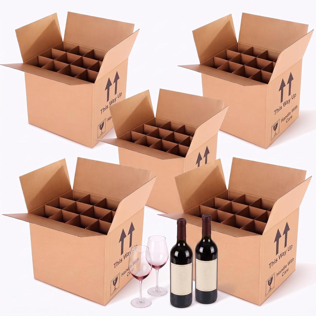 Lounsweer 5 Pcs Wine Bottle Moving Shipping Boxes 14 x 12 x 13 Inch