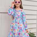 Haloumoning Girls Fall Long Sleeve Floral Dresses Kids Square Neck Smocked Holiday Party Dress 5-14 Years