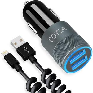 [MFi Certified] COYZA Fast Car Charger Adapter, for iPhone 14/13/12/11/Pro Max/Pro/Mini/X/XS/XS MAX/XR/SE 2020/8 Plus/8/7 Plus/7/6s/6/5/SE, 3.1A Dual USB Ports with Coiled Charging Cable Cord (Black)