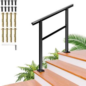 SPACEEUP Hand Rails for Outdoor 3 Steps, Wrought Iron Handrail Fit 1 to 3 Exterior Steps, Heavy Metal Outside Stair Rails for Porch Steps Concrete Steps Wood Steps, Easy Installation, Black