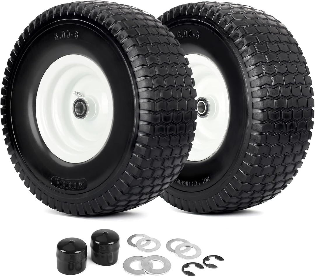15x6.00-6 Flat Free Tire and Wheel for Riding Lawn Mower,2 Pack