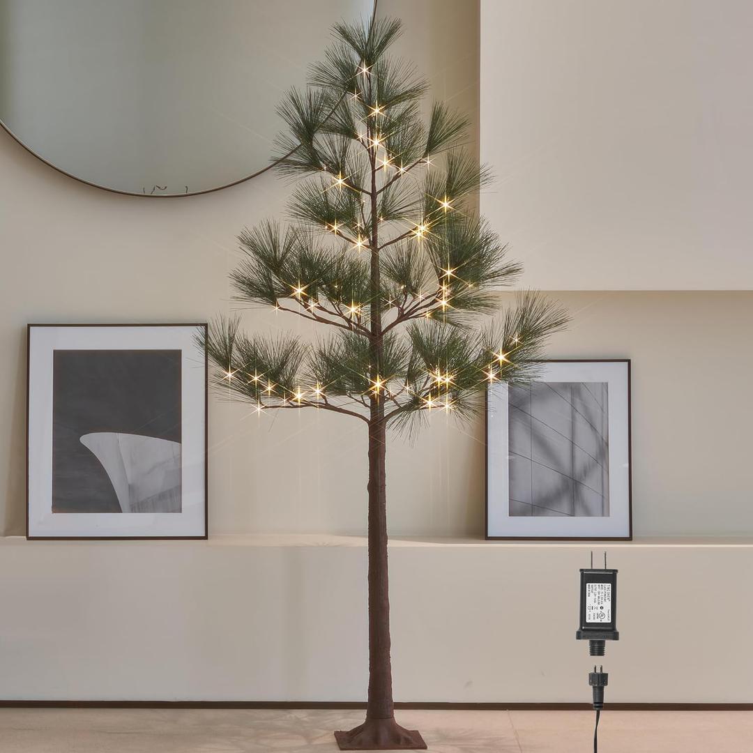 Lighted Christmas Pine Tree with Timer 6FT 72 Warm White LED Lights, Pre Lit Twig Tree for Home Room Christmas Holiday Decoration Indoor Outdoor