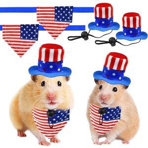 4 Pcs Pet Independence Day Costume 4th of July Guinea Pig Hat and Bandana Uncle Sam Rabbit Hat American Flag Small Animals Hat Bandana Triangle Bib Scarf with Stars and Stripes Pattern (S)