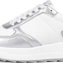 LUCKY STEP Women's Platform Fashion Sneakers Retro Neutral Classic Trainers Colorblock Casual Lace-up Stylish Tennis Chunky Walking Shoes (White Silver, 8)