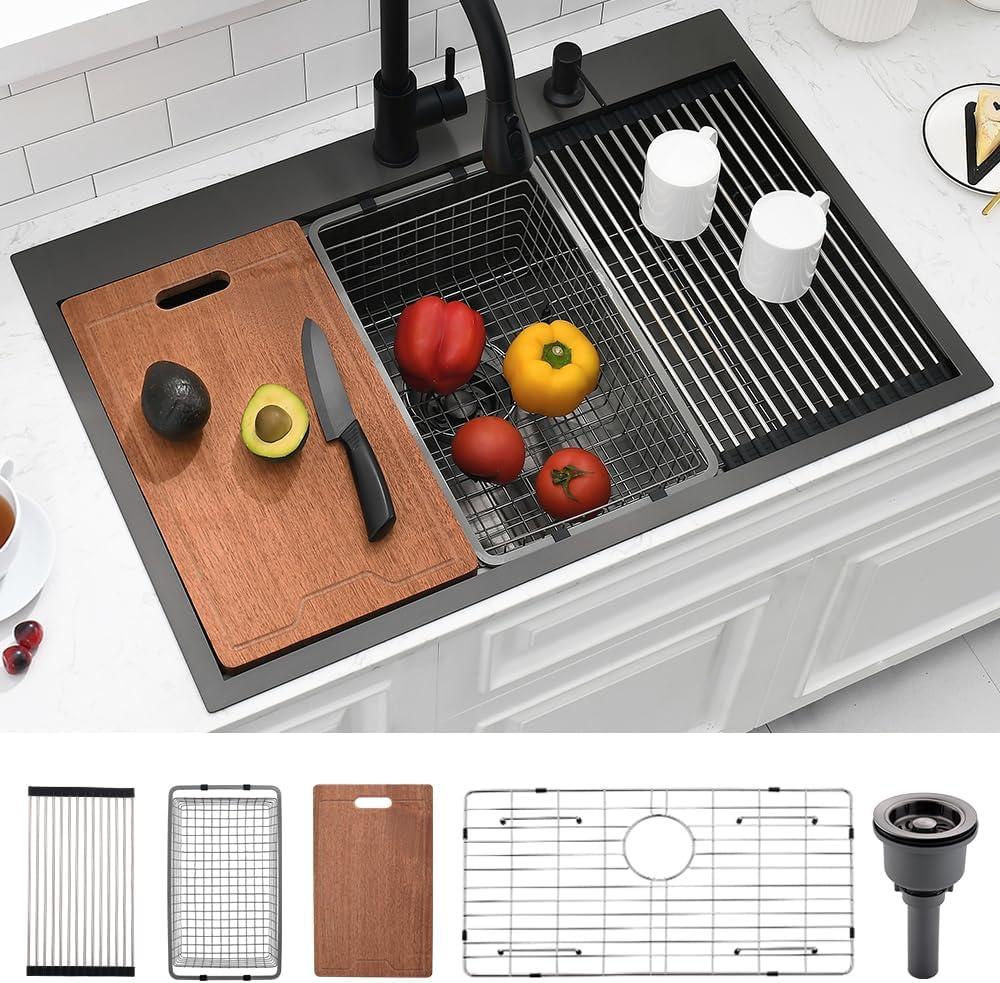 33 Drop in Black Workstation Kitchen Sink, Dorzom 33x22x10 Inches Black Stainless Steel Drop In Kitchen Sinks Topmount 16 Gauge Single Bowl Sink with Workstation and All Accessories