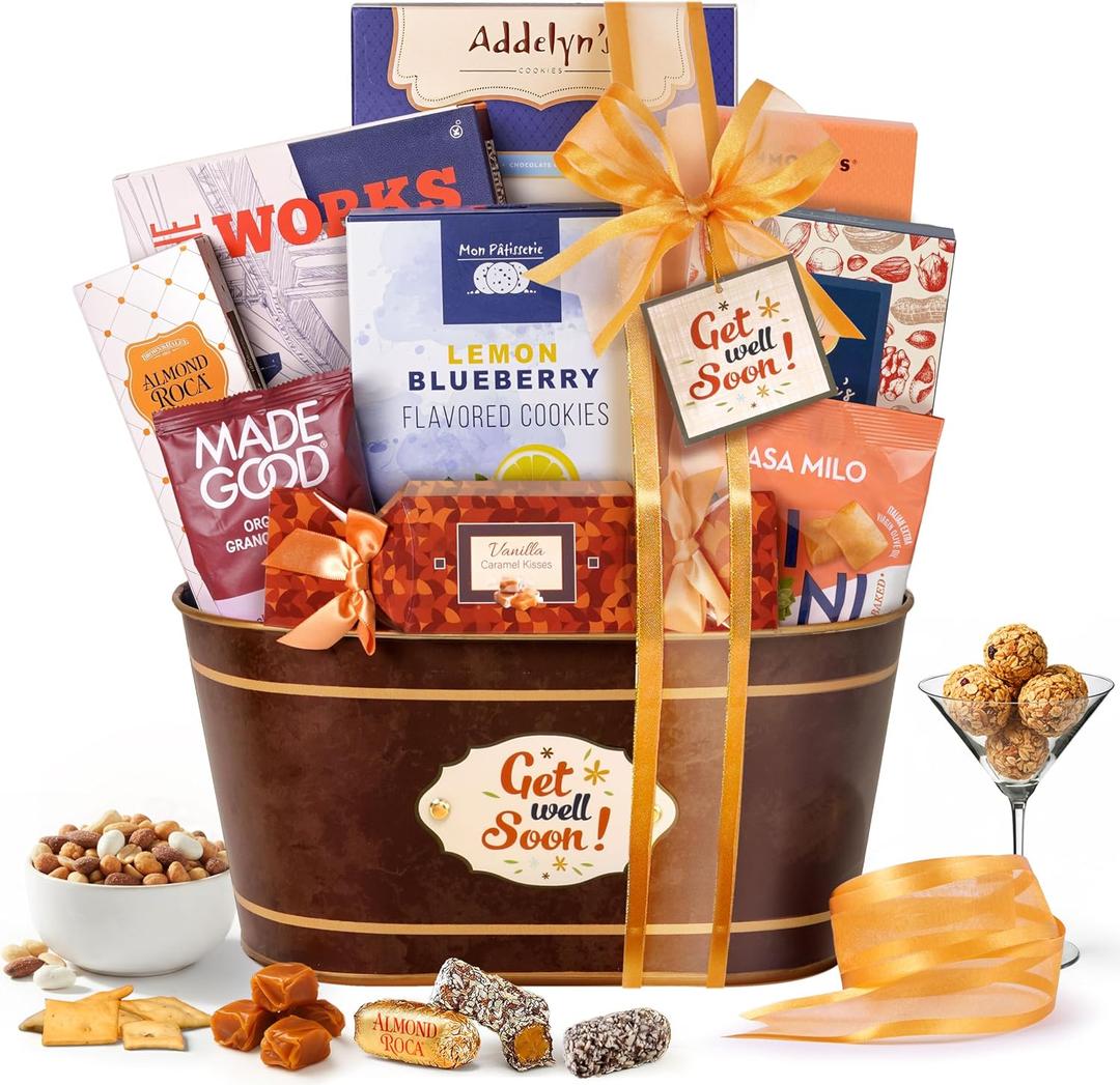 Broadway Basketeers Get Well Soon Care Package Gift Basket. Send Your Get Well Wishes With This Beautiful Display Basket Enjoy the Large Assortment of Sweets and Savory,Perfect for Mom, Dad, & Friends, 3 pounds (EXP 09/23/26)