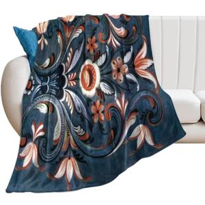 Norwegian Rosemaling Folk Style Flannel Throw Blanket Ultra-Soft Cozy Plush Blankets for Couch Chair Bedroom Living Room Air Conditioning Room 50"x60"