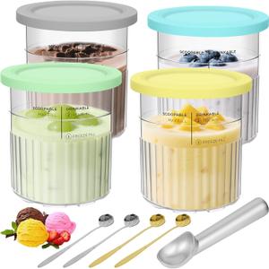QUIENKITCH 24OZ Creami Deluxe Containers Compatible with Ninja NC500 NC501 Series Ice Cream Makers - 4 Pack Creami Pints and Lids - BPA-Free & Dishwasher Safe - 4 Color Lids & Stainless Spoons
