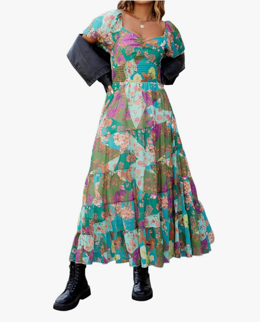 Women Floral Maxi Dress Short Puff Sleeve V Neck Bohemian Flowy Dress Smocked Casual Spring Summer Dresses S