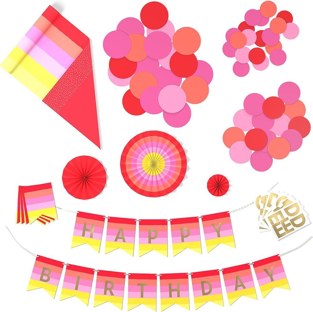 2 x Crayola Color Pop Party Decorations Set - Red, Orange, Pink, Yellow (Customizable Banner, Reversible Table Runner, Paper Fan Flowers, Paper Dots) for Birthdays, Holidays, Celebrations (Scarlet Red, Tickle Me Pink, Melon)