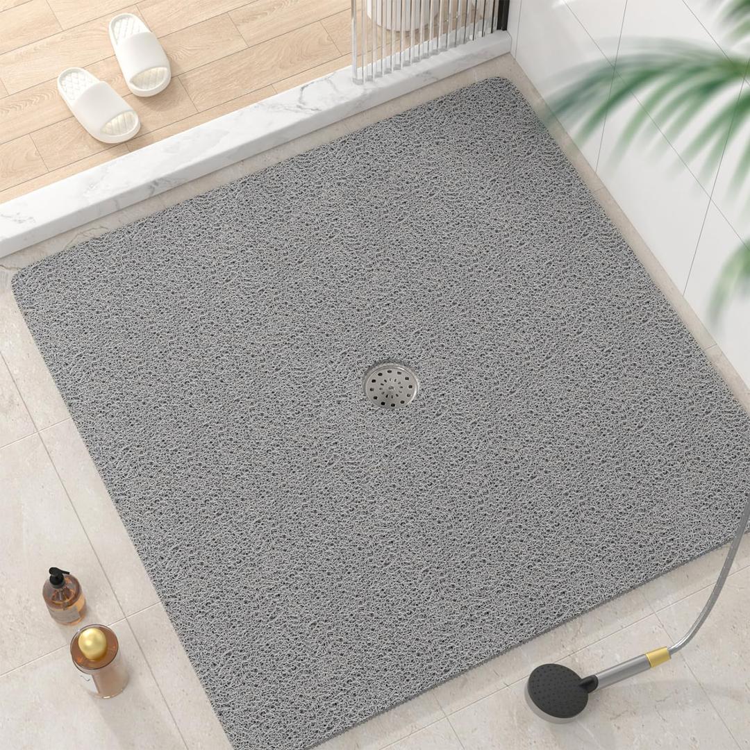 HITSLAM Square Shower Mat, 40 x 40 Inch Non Slip Bath Mat for Tub, Soft PVC Loofah Bathtub Mats with Drain Holes, Quick Drying Bathroom Stall Floor Mat, Bathroom Accessories Without Suction Cup, Grey